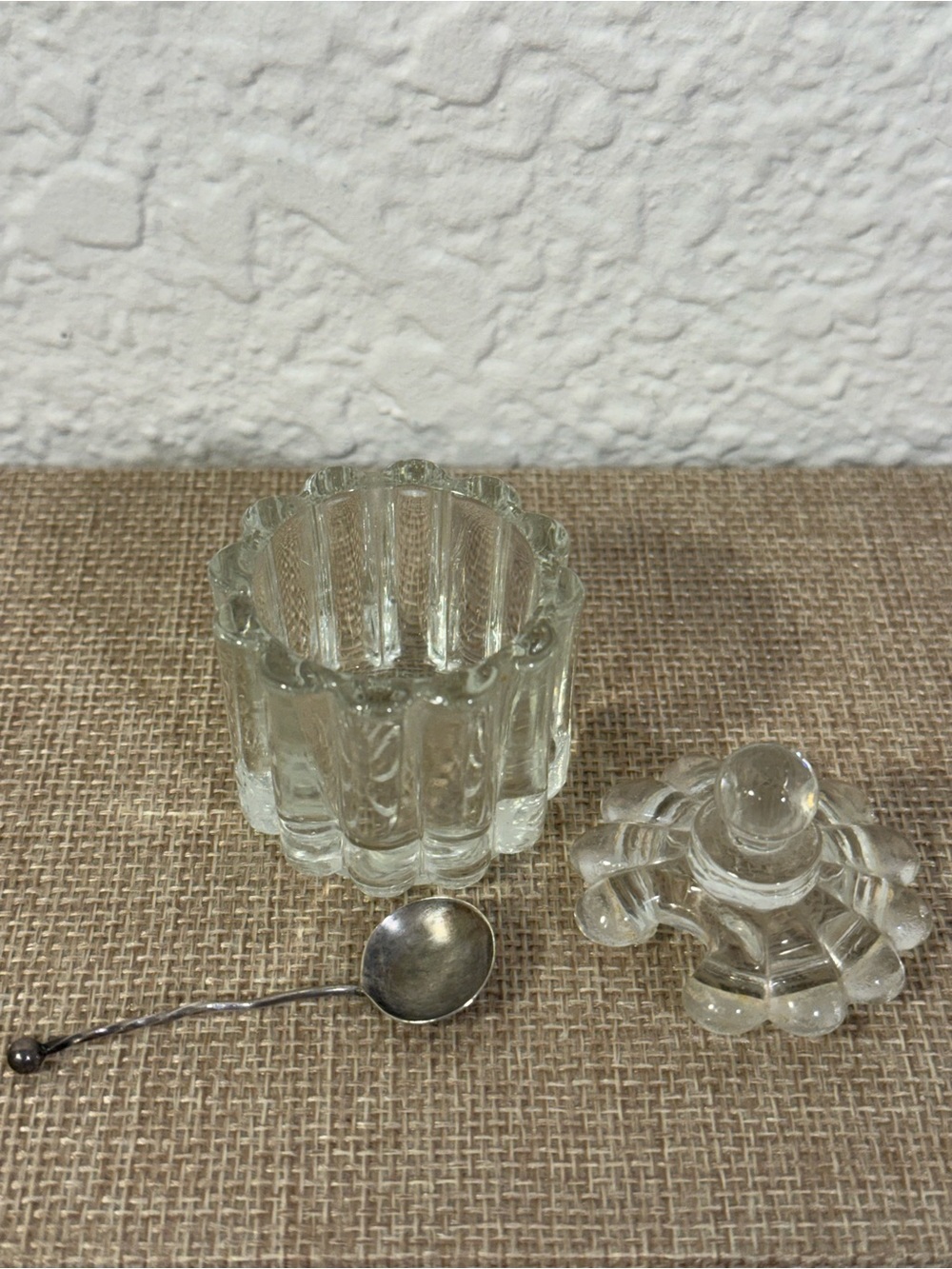 Vintage Mini Fluted Glass Mustard Pot Jar With Sterling Silver Spoon